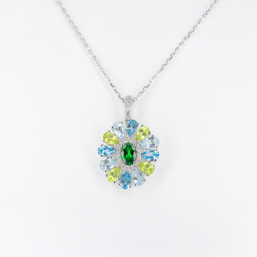 Pendentif tsavorite, péridots et agates