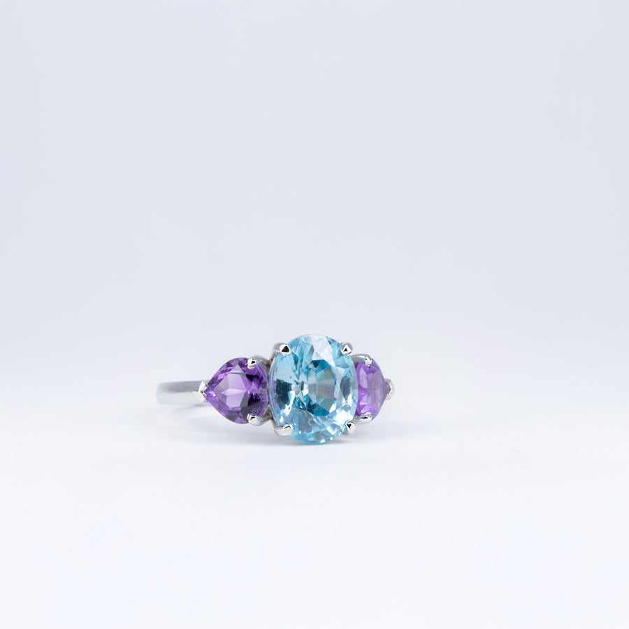 Bague zircon bleu et améthystes