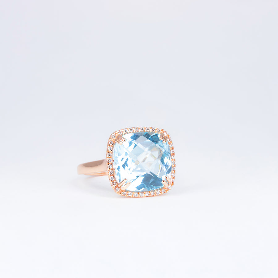 Bague topaze bleue coussin et diamants