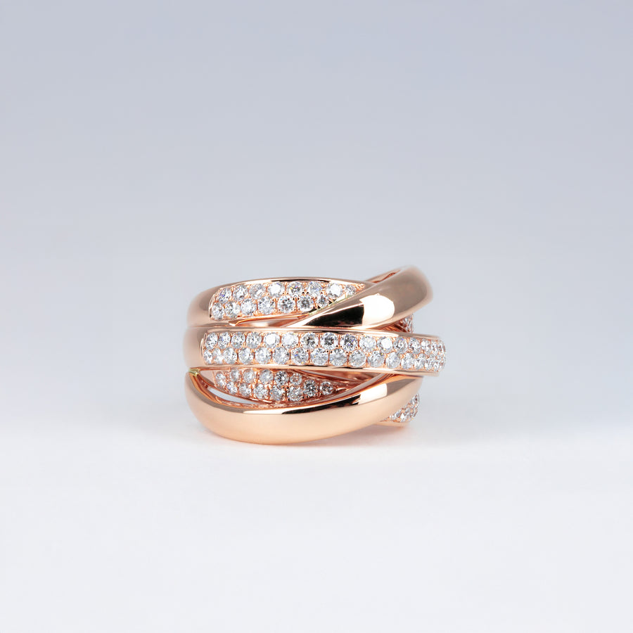 Bague or rose croisée et diamants