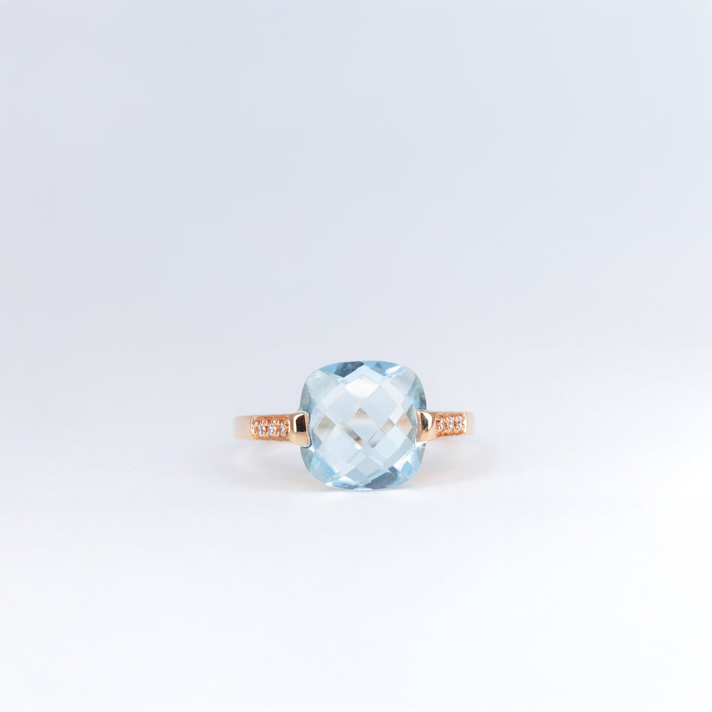 Bague Topaze Bleue coussin et Diamants