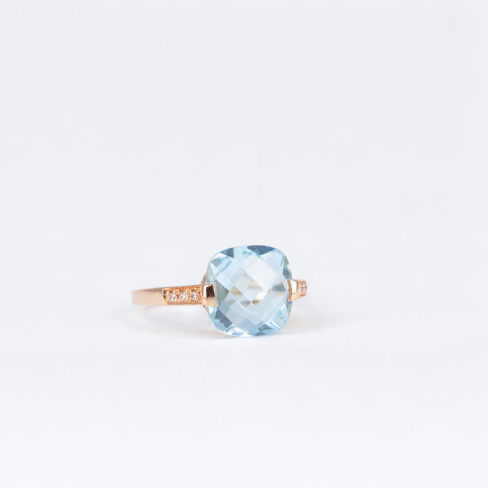 Bague Topaze Bleue coussin et Diamants