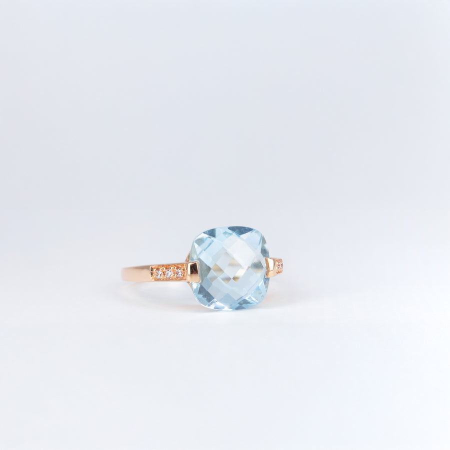 Bague Topaze Bleue coussin et Diamants