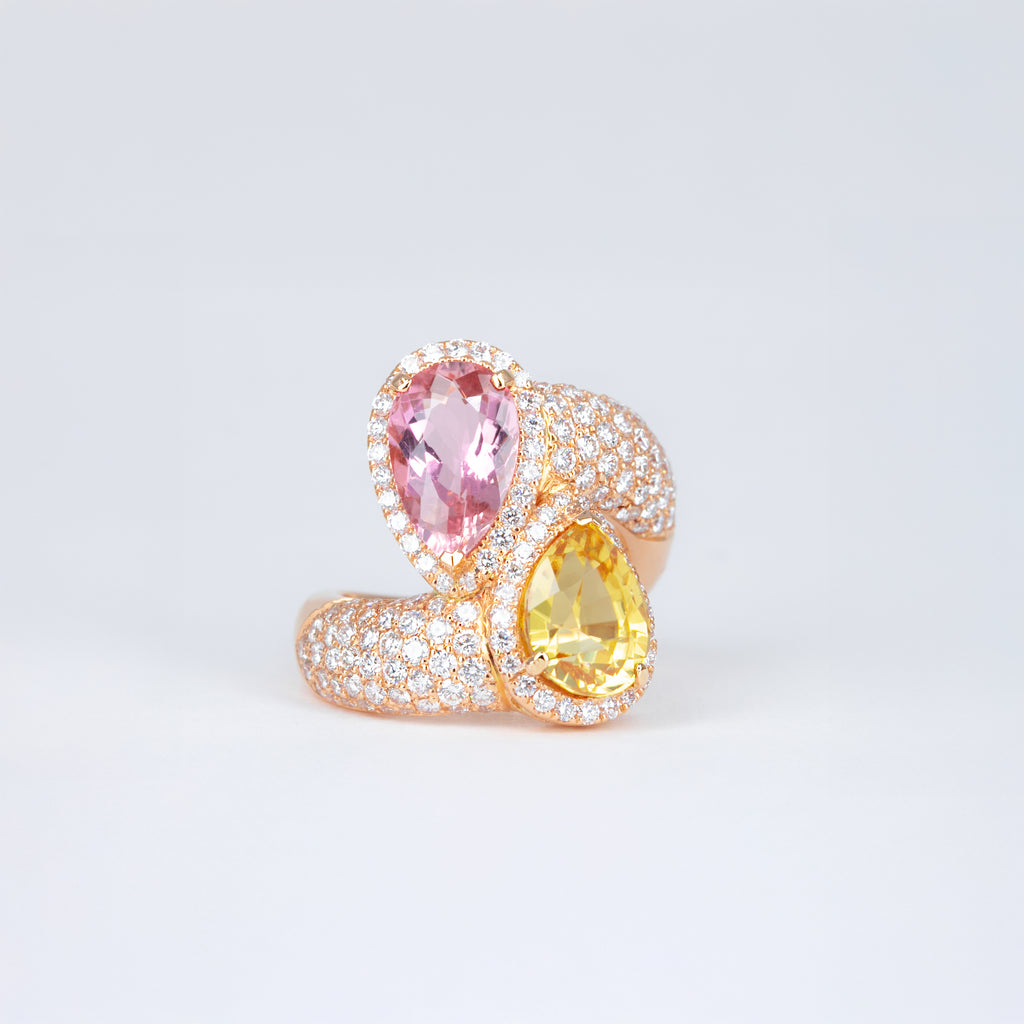 Bague Toi et Moi zircon jaune et tourmaline