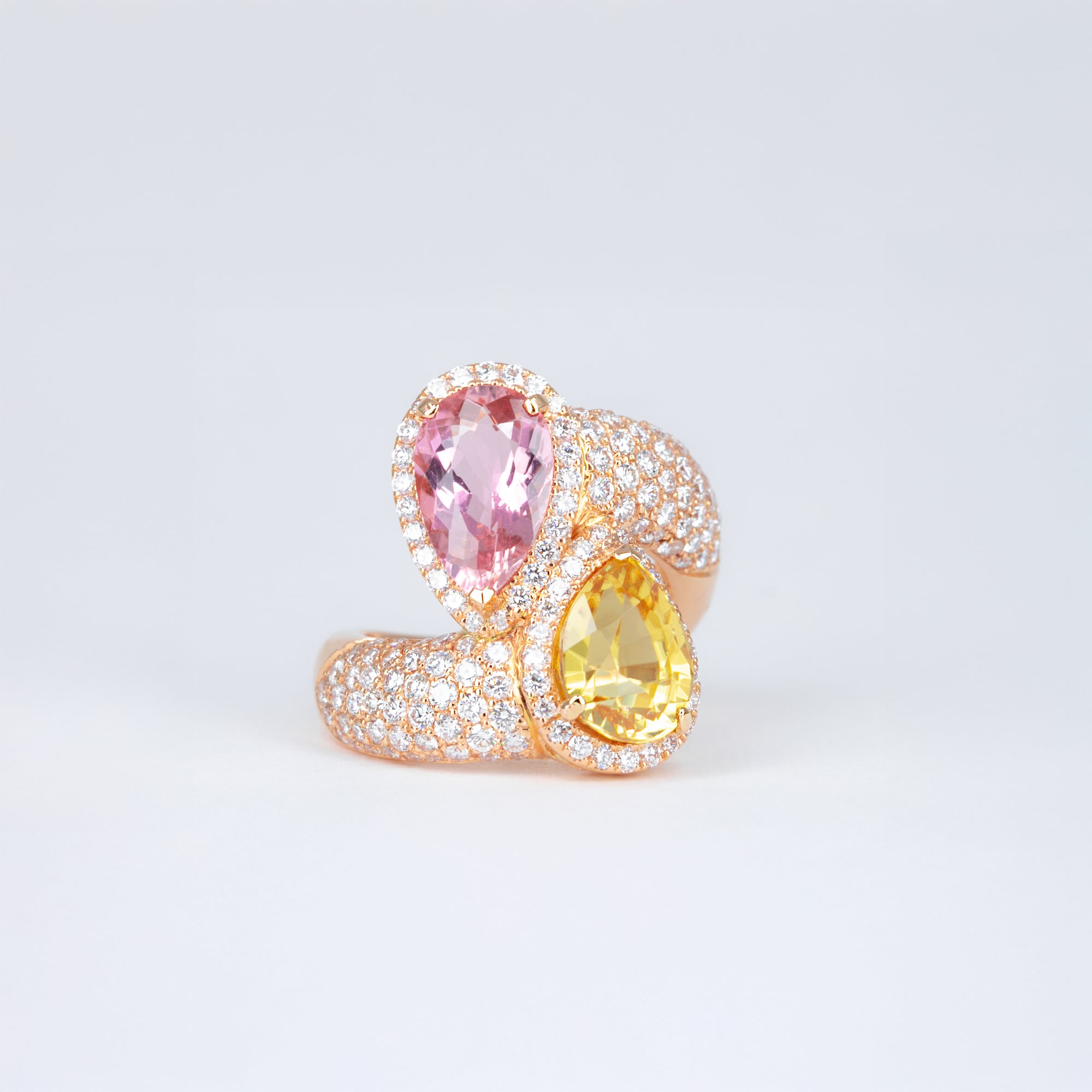 Bague Toi et Moi zircon jaune et tourmaline