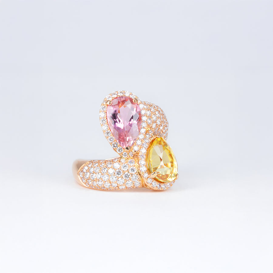 Bague Toi et Moi zircon jaune et tourmaline