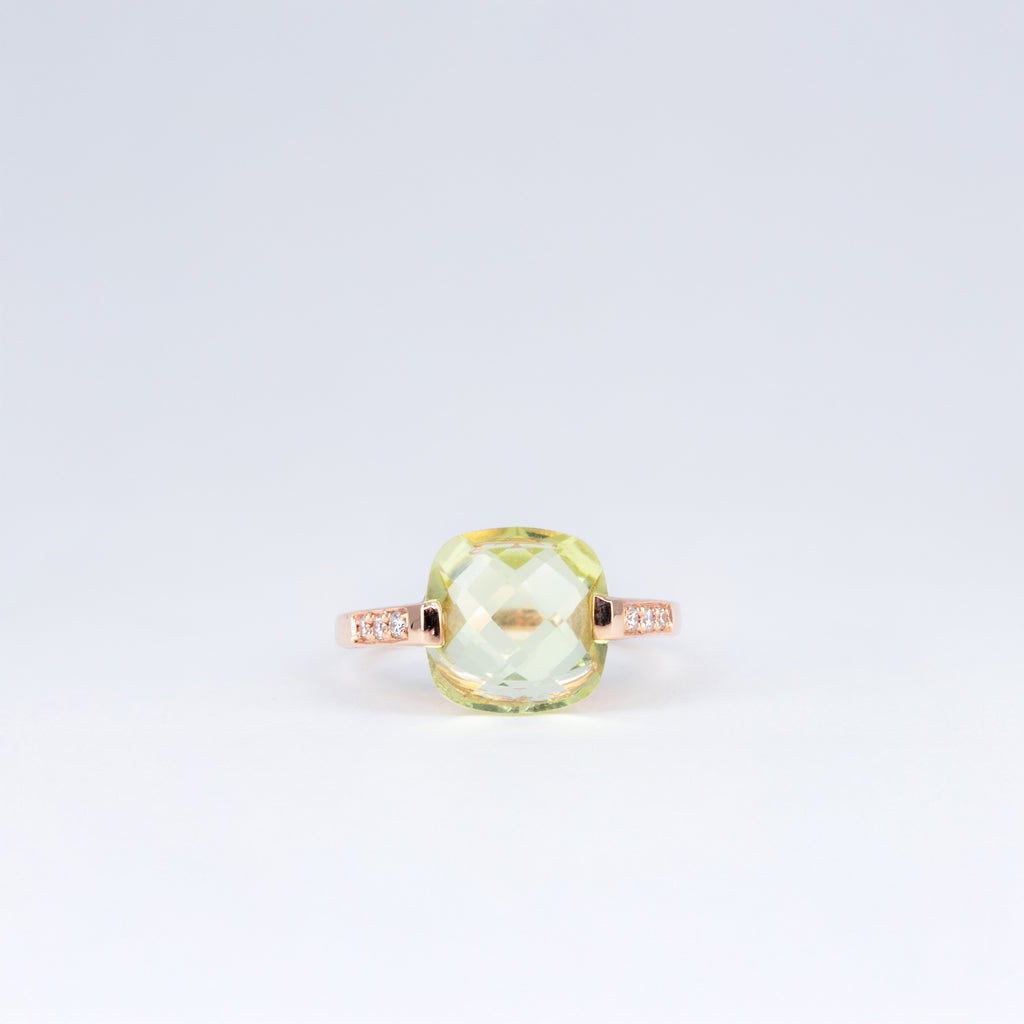 Bague Quartz Lemon coussin et Diamants