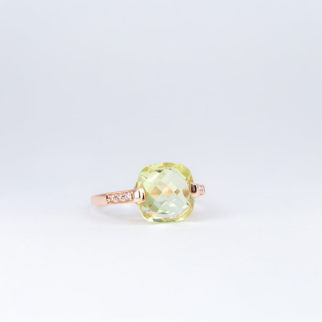 Bague Quartz Lemon coussin et Diamants