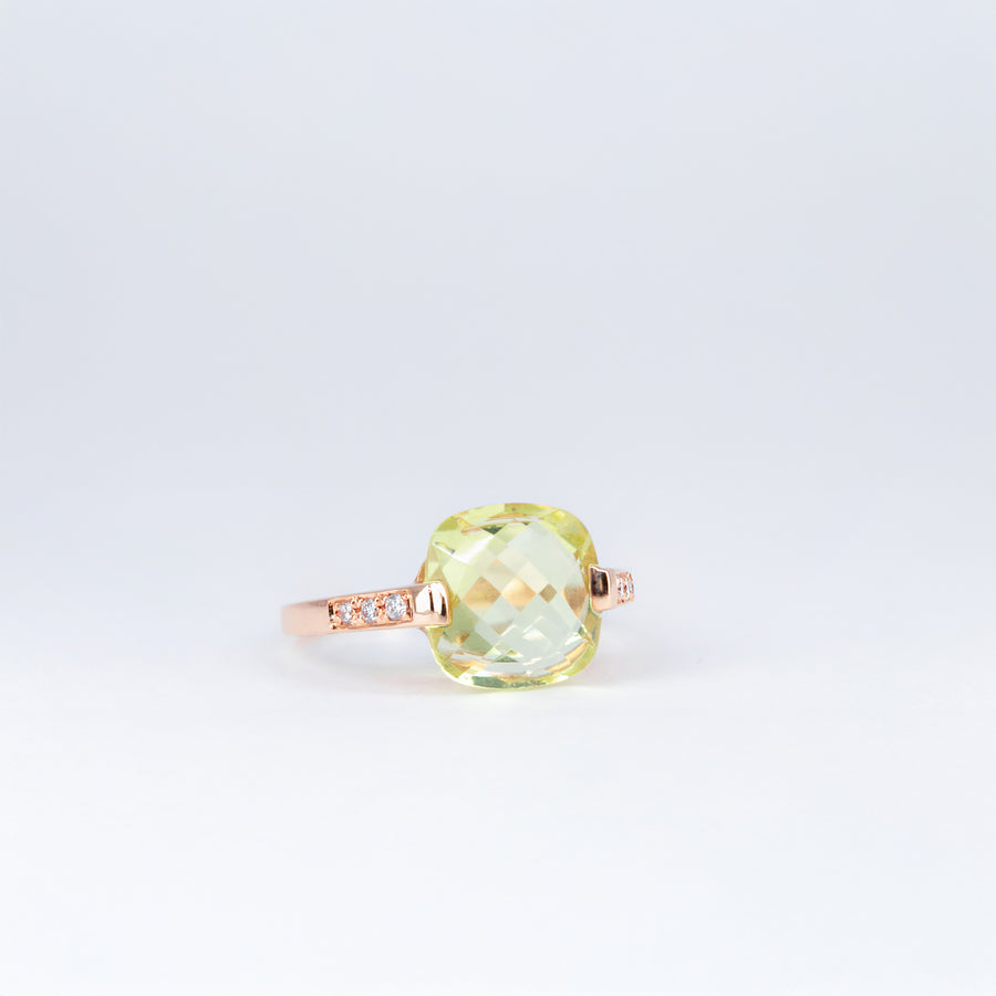 Bague Quartz Lemon coussin et Diamants