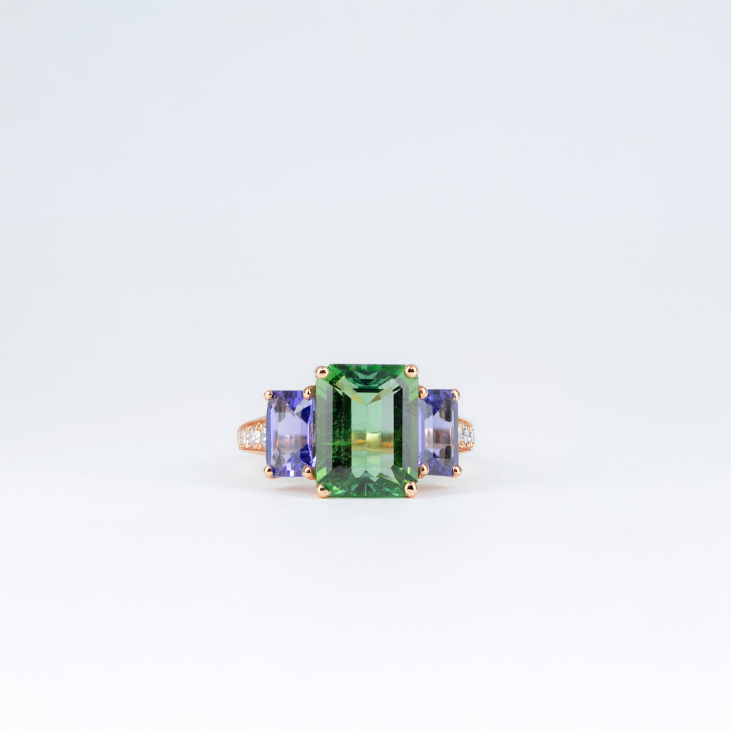 Bague or rose tourmaline verte, tanzanites et diamants