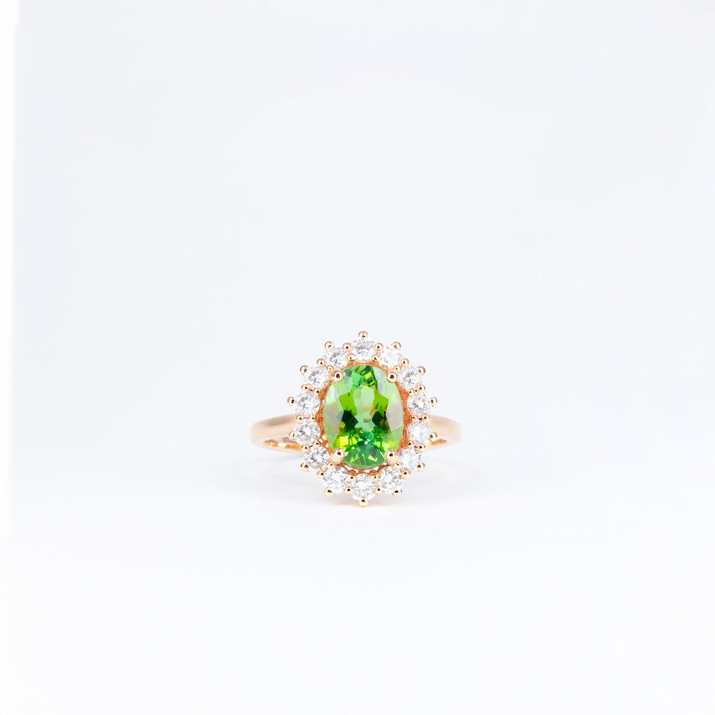 Bague or rose tourmaline verte et diamants