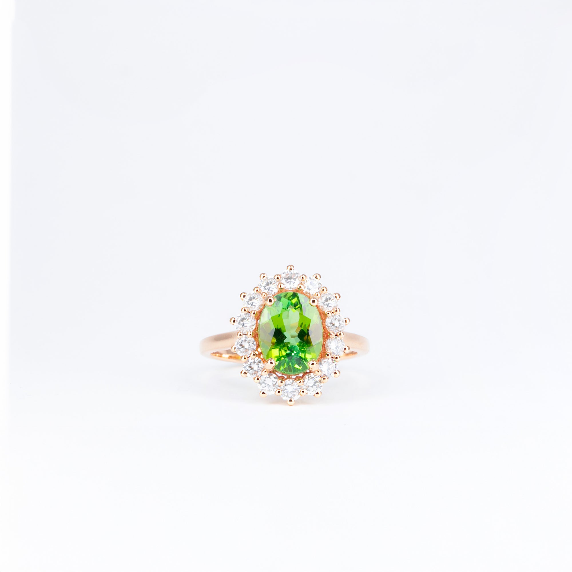 Bague or rose tourmaline verte et diamants