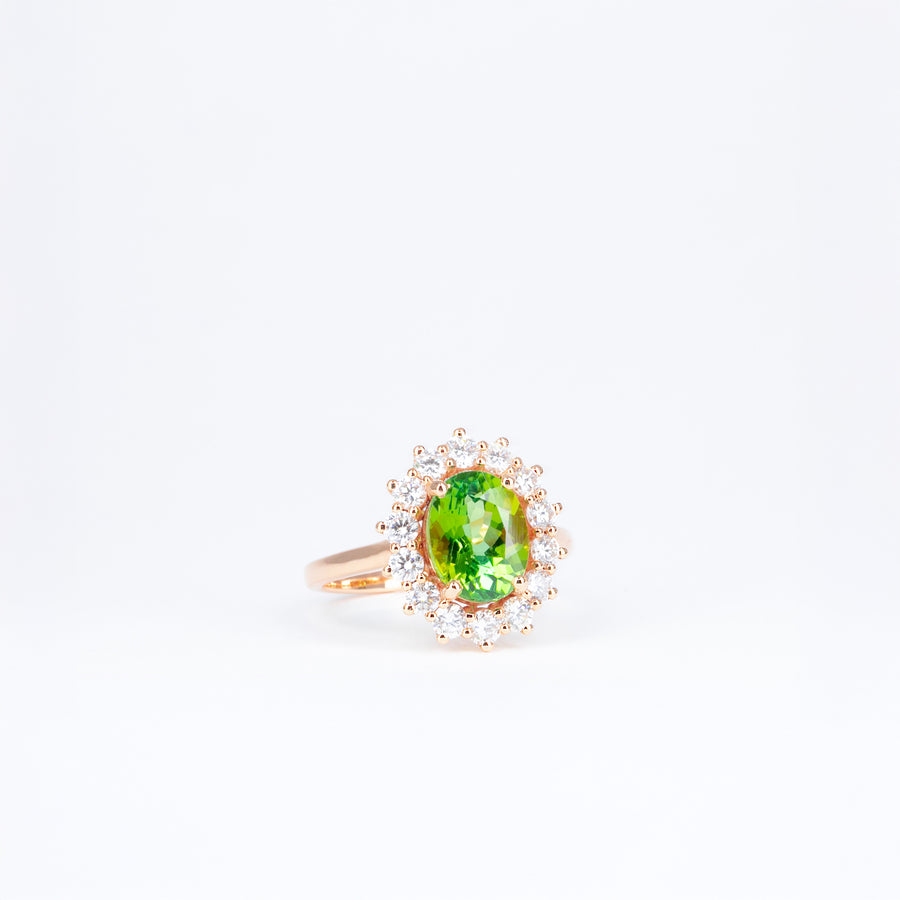 Bague or rose tourmaline verte et diamants