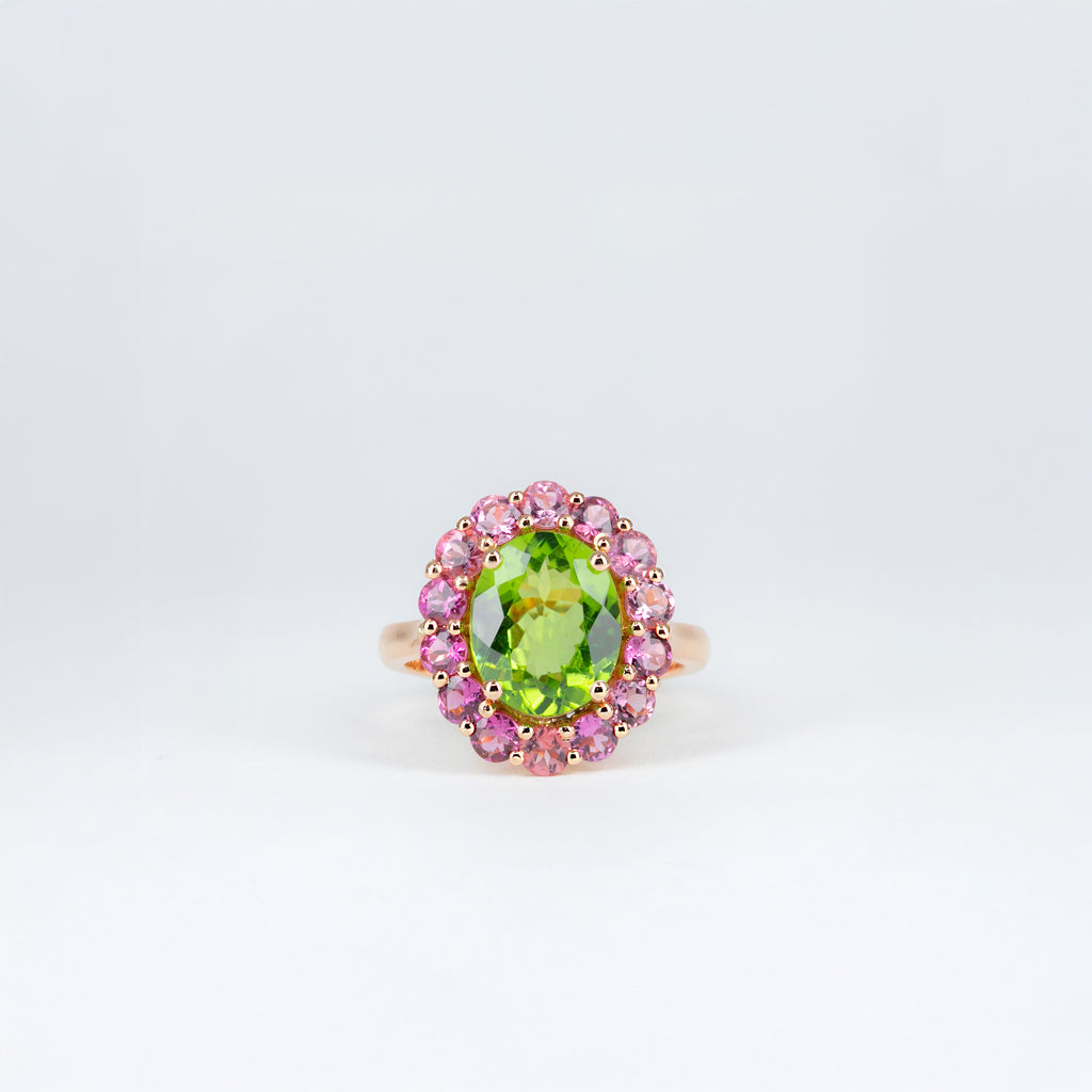 Bague péridot et tourmalines roses