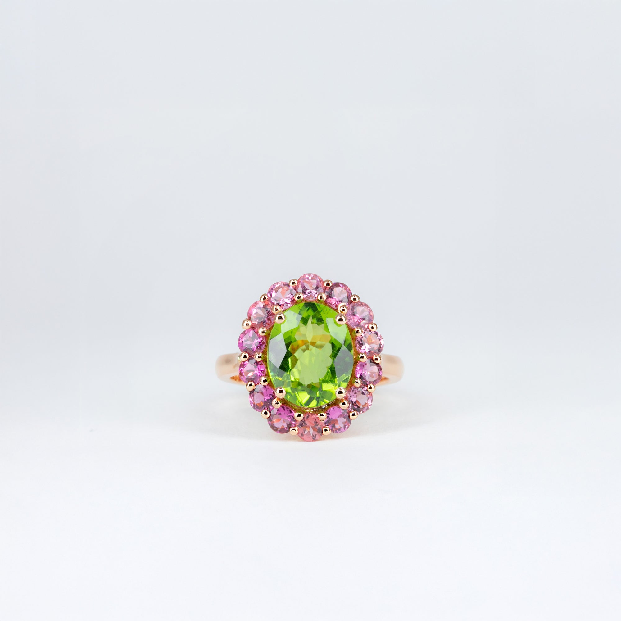 Bague péridot et tourmalines roses