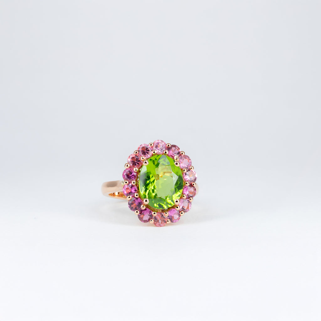 Bague péridot et tourmalines roses