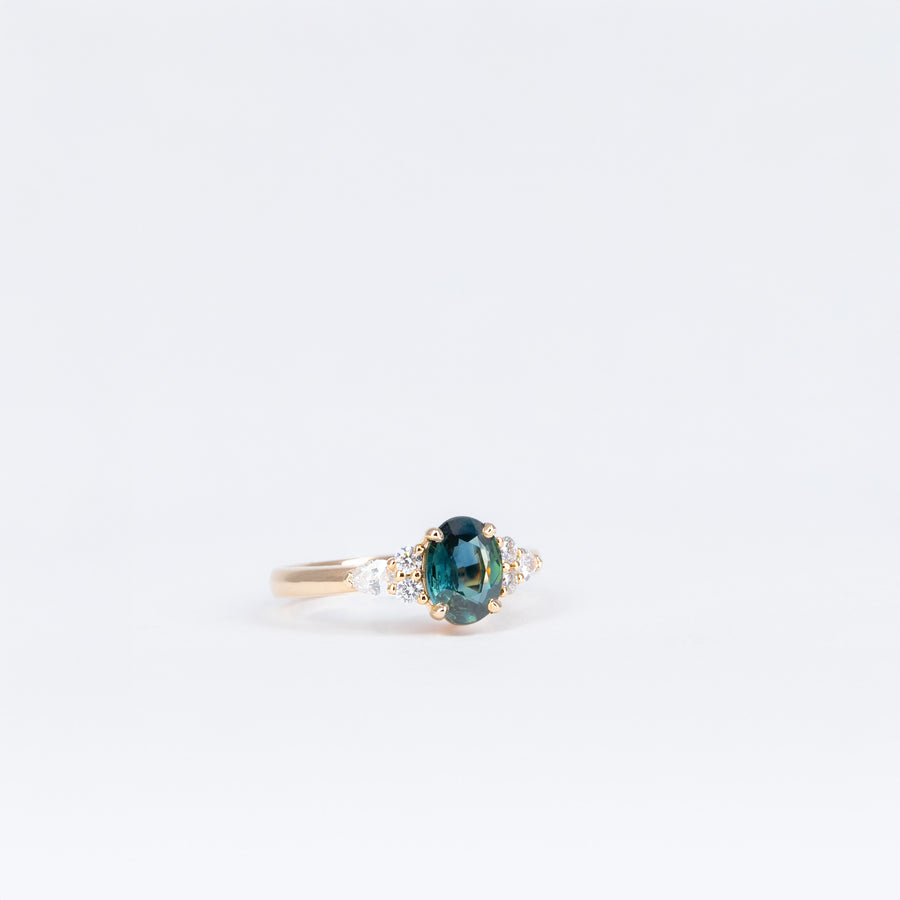 Bague or rose saphir teal et diamants