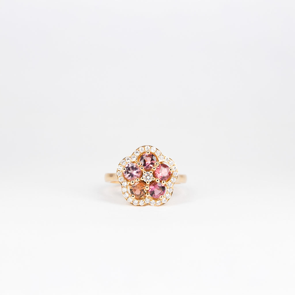 Bague petite fleur, tourmalines et diamants