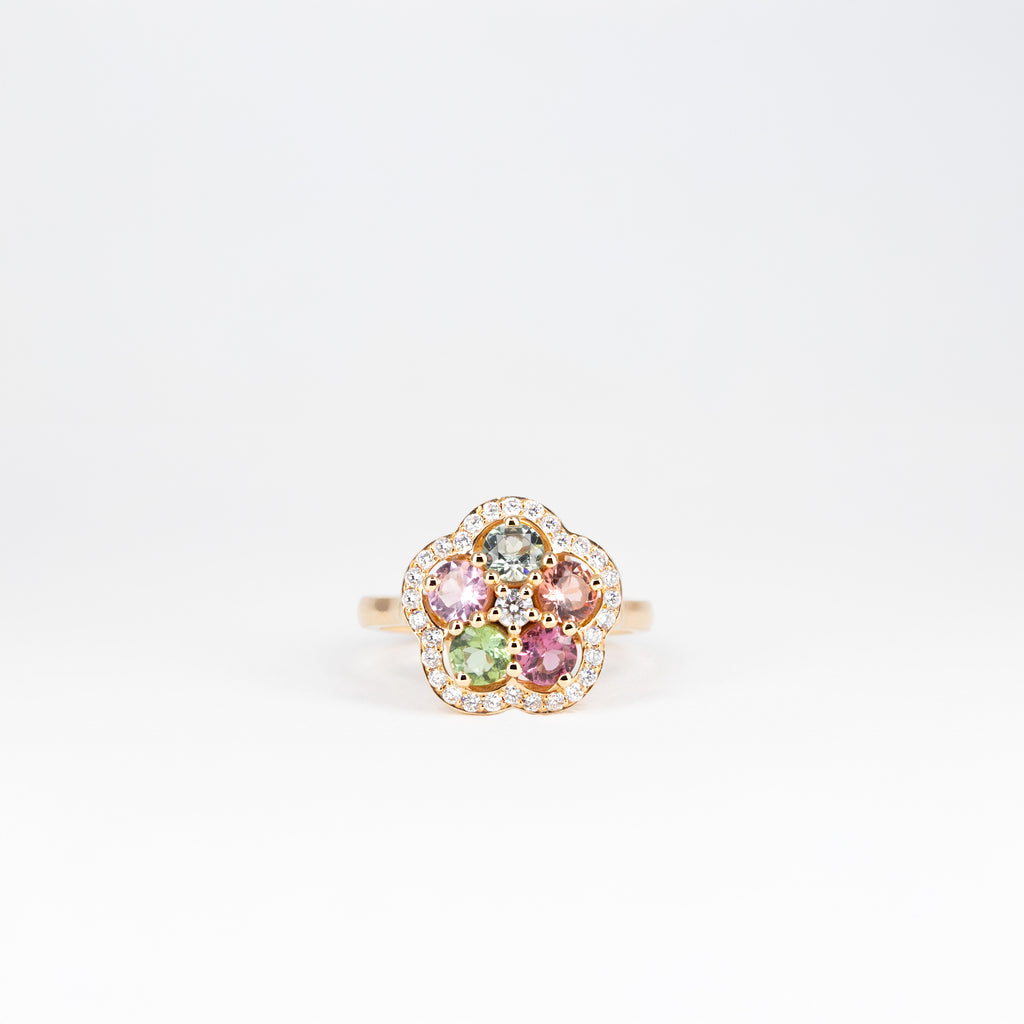 Bague petite fleur, tourmalines et diamants