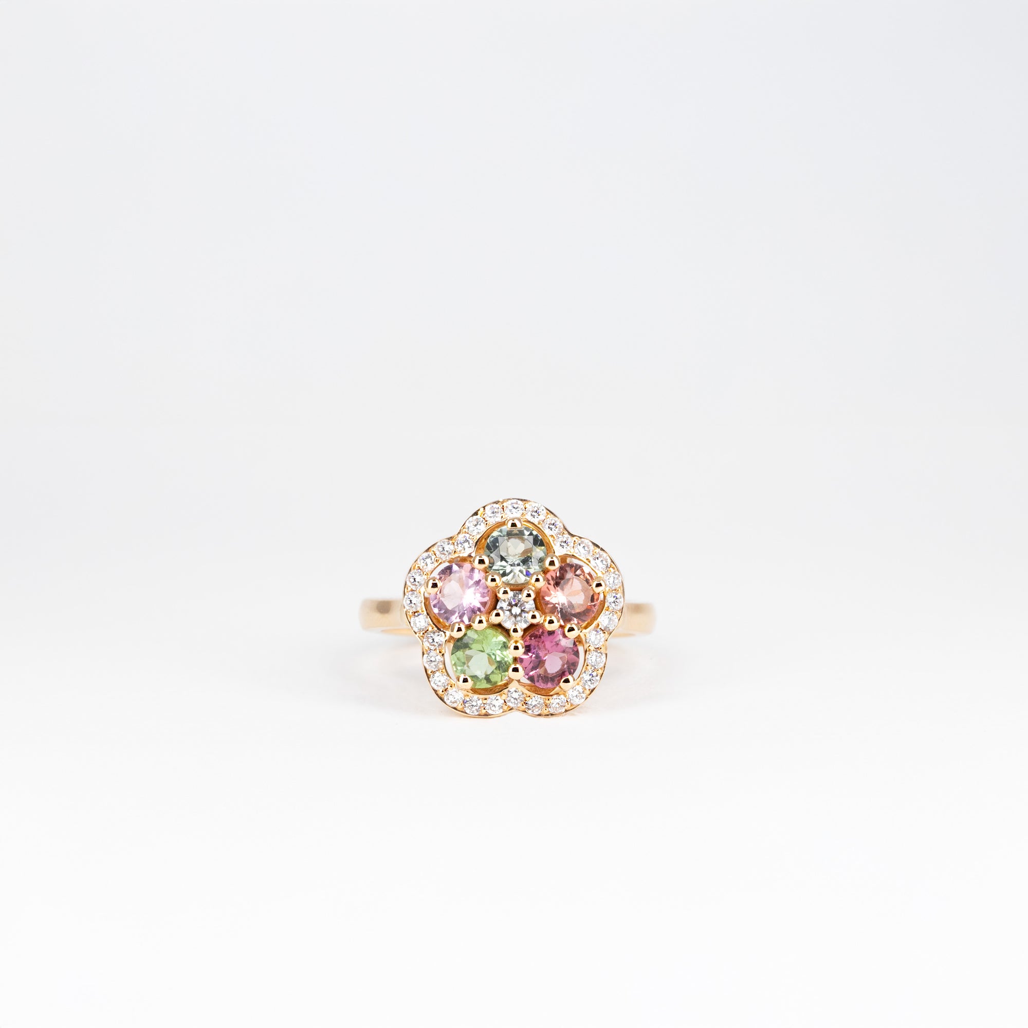 Bague petite fleur, tourmalines et diamants
