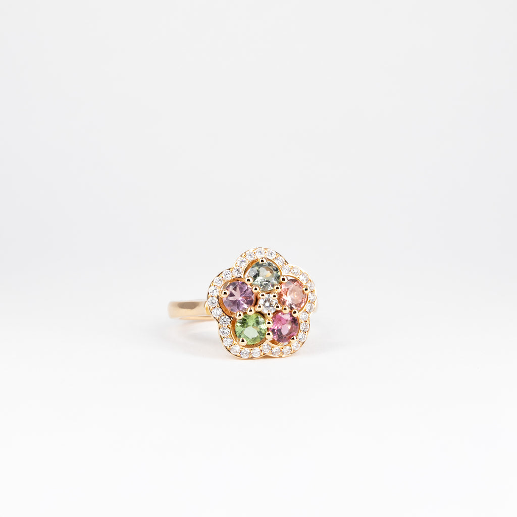 Bague petite fleur, tourmalines et diamants