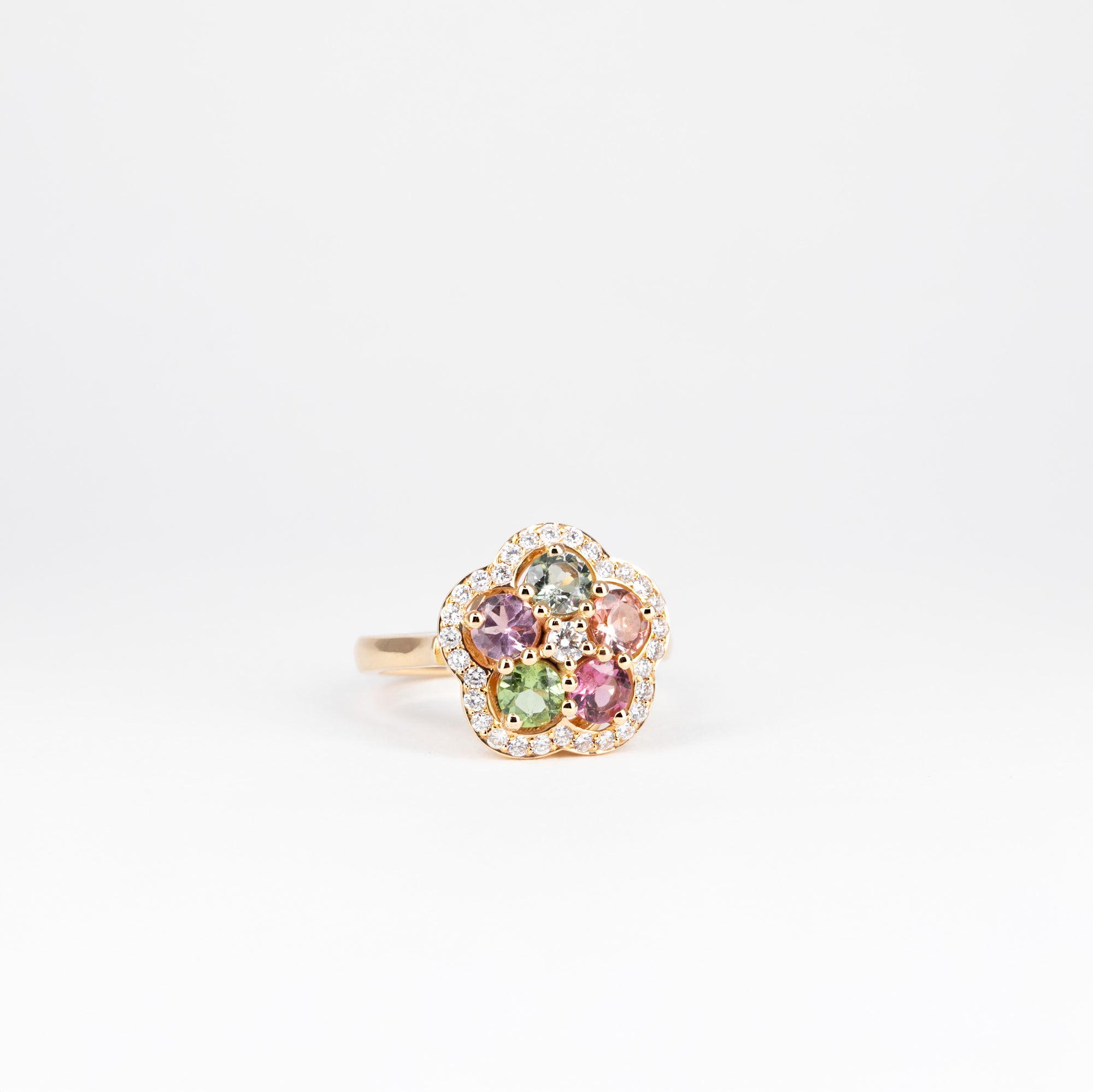 Bague petite fleur, tourmalines et diamants