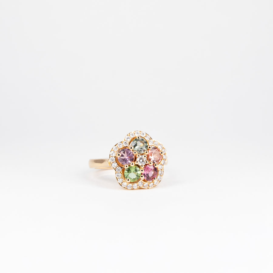 Bague petite fleur, tourmalines et diamants