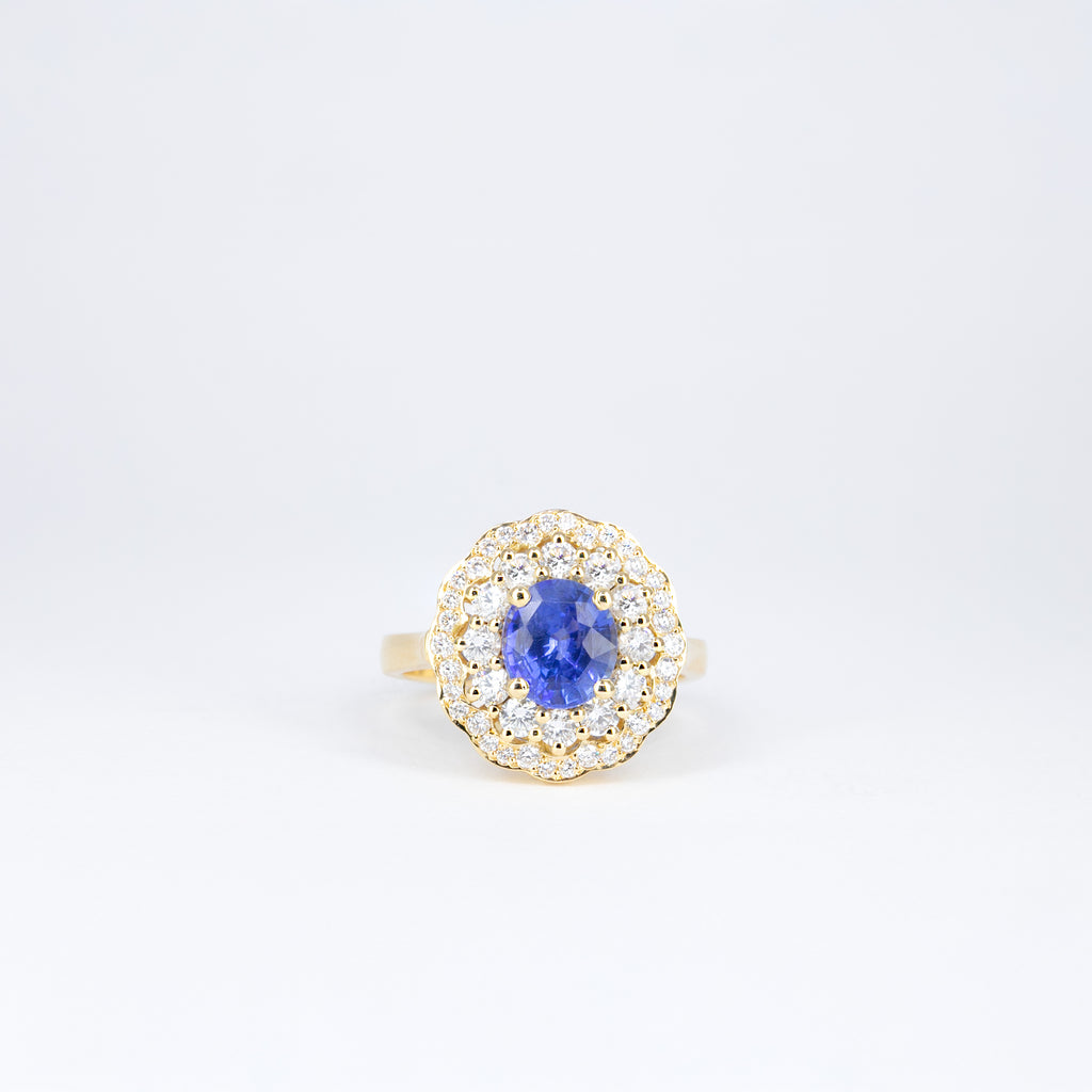 Bague saphir bleu double entourage de diamants 