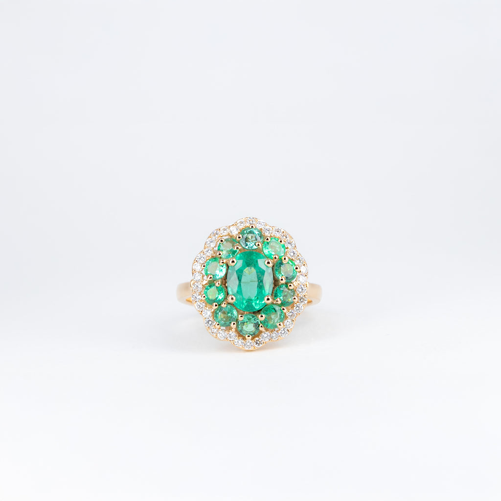 Bague émeraudes et diamants en or rose 18K modèle 67829, vue de face