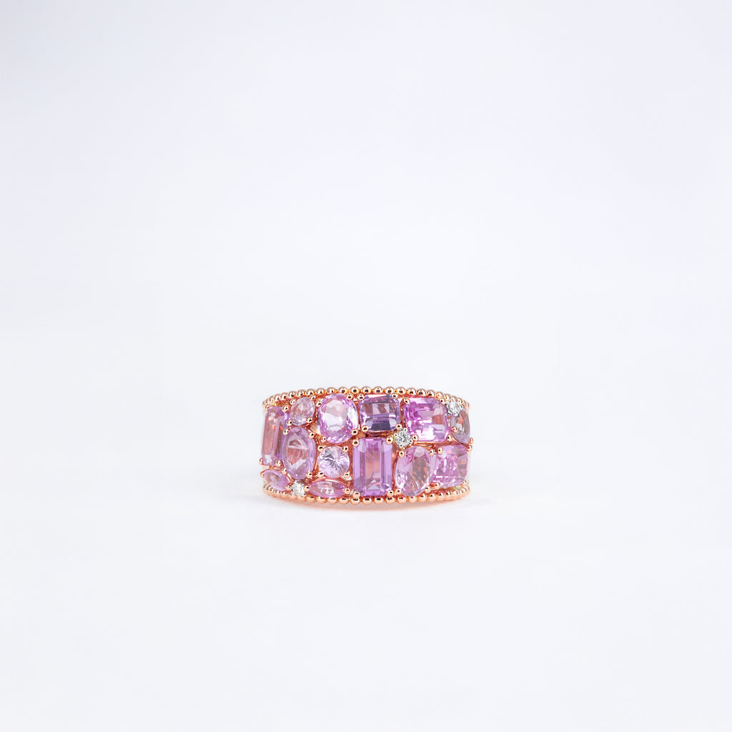 Bague modèle 67883 en or rose avec saphirs roses 4,63 ct et diamants