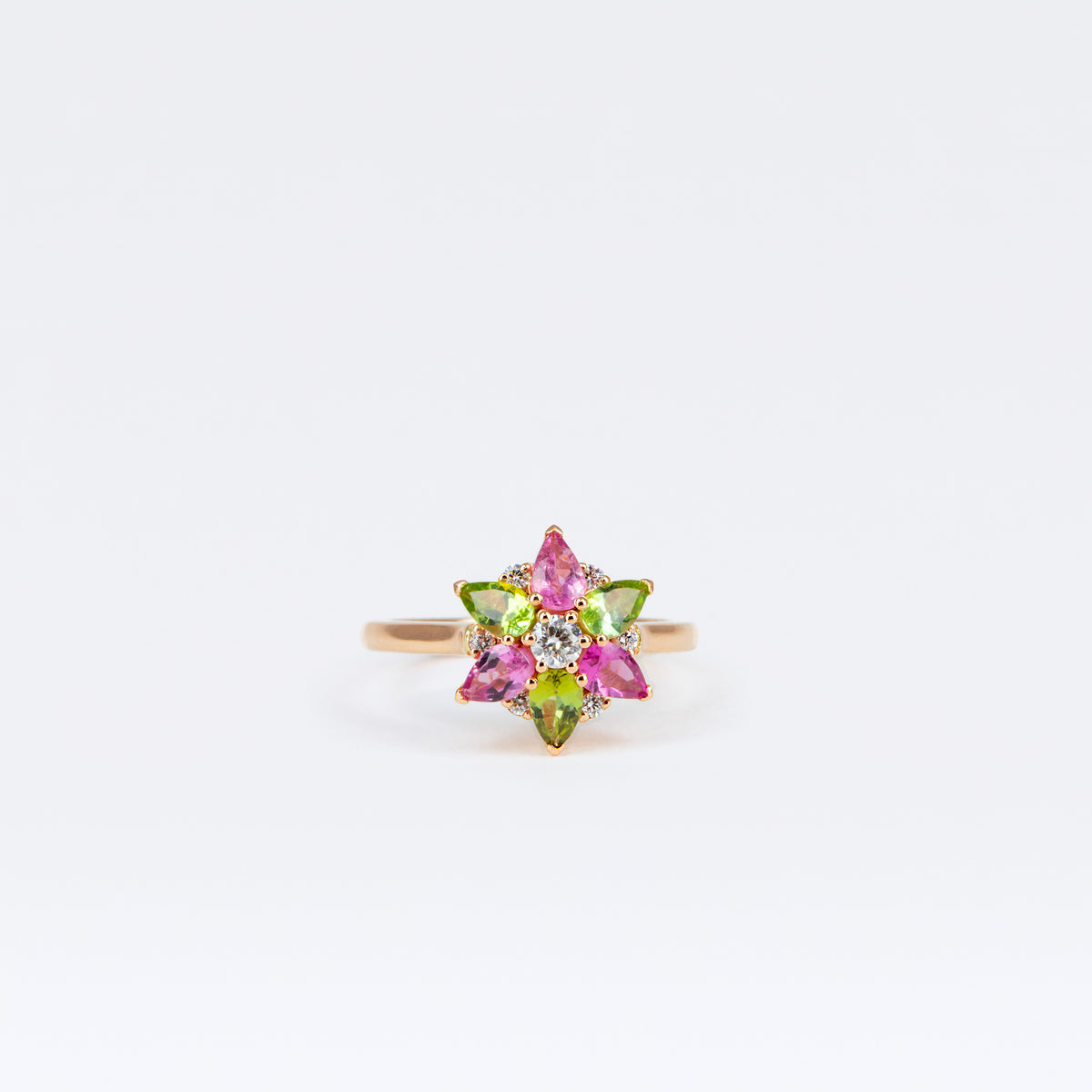 Bague Lotus en or rose, tourmalines vertes et roses et diamants
