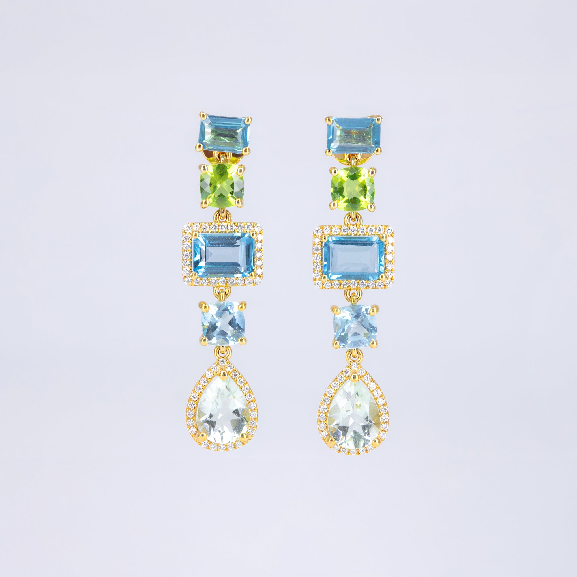 Boucles d’oreilles Péridots et Topazes bleues