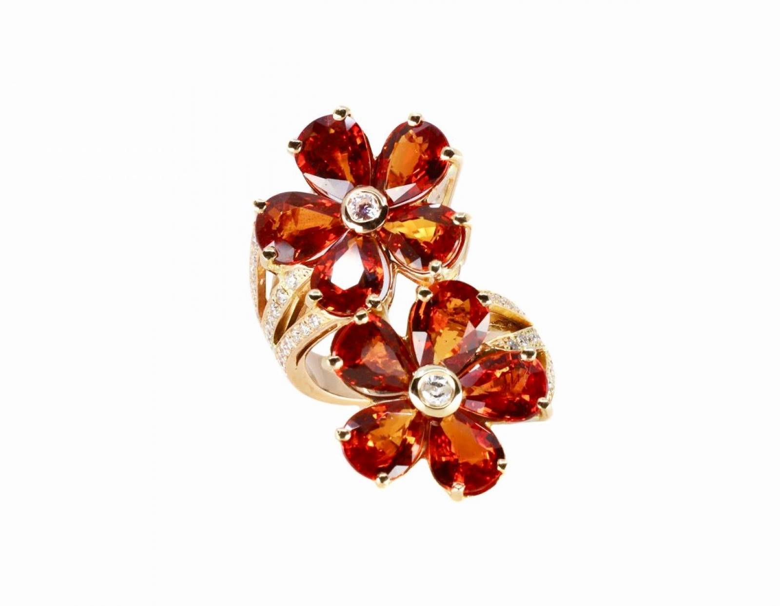 Bague fleur, saphirs oranges, et diamants, elen larcebeau, créations uniques, acheter bague fiançailles, demande, artisan joaillier