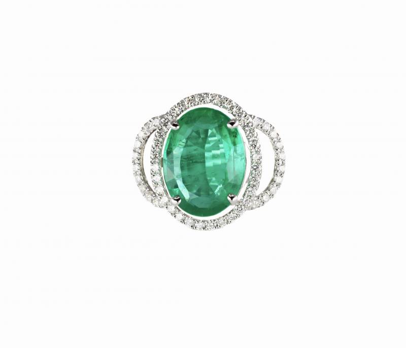 Bague or blanc, diamants et émeraude