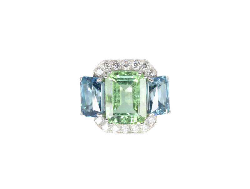 Bague tourmaline verte et zircon, diamants, or blanc, bague, pierres précieuses, elen larcebeau, création, unique, acheter, luxe, joaillerie