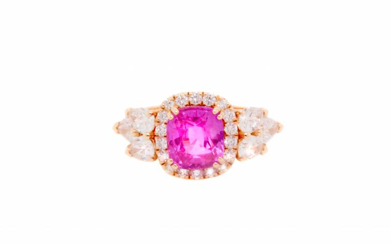 Bague saphir rose et diamants poire, unique, demande, fiançaille, unique, création, demande, acheter, commande sur mesure, coussin, elen larcebeau